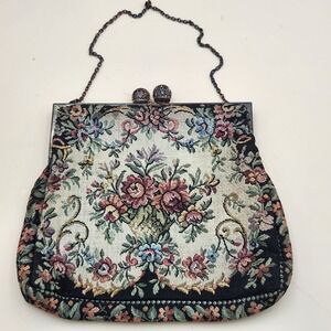 Walborg Vintage Floral Tapestry Hand Made in France Chain Kiss Lock Clutch Purse